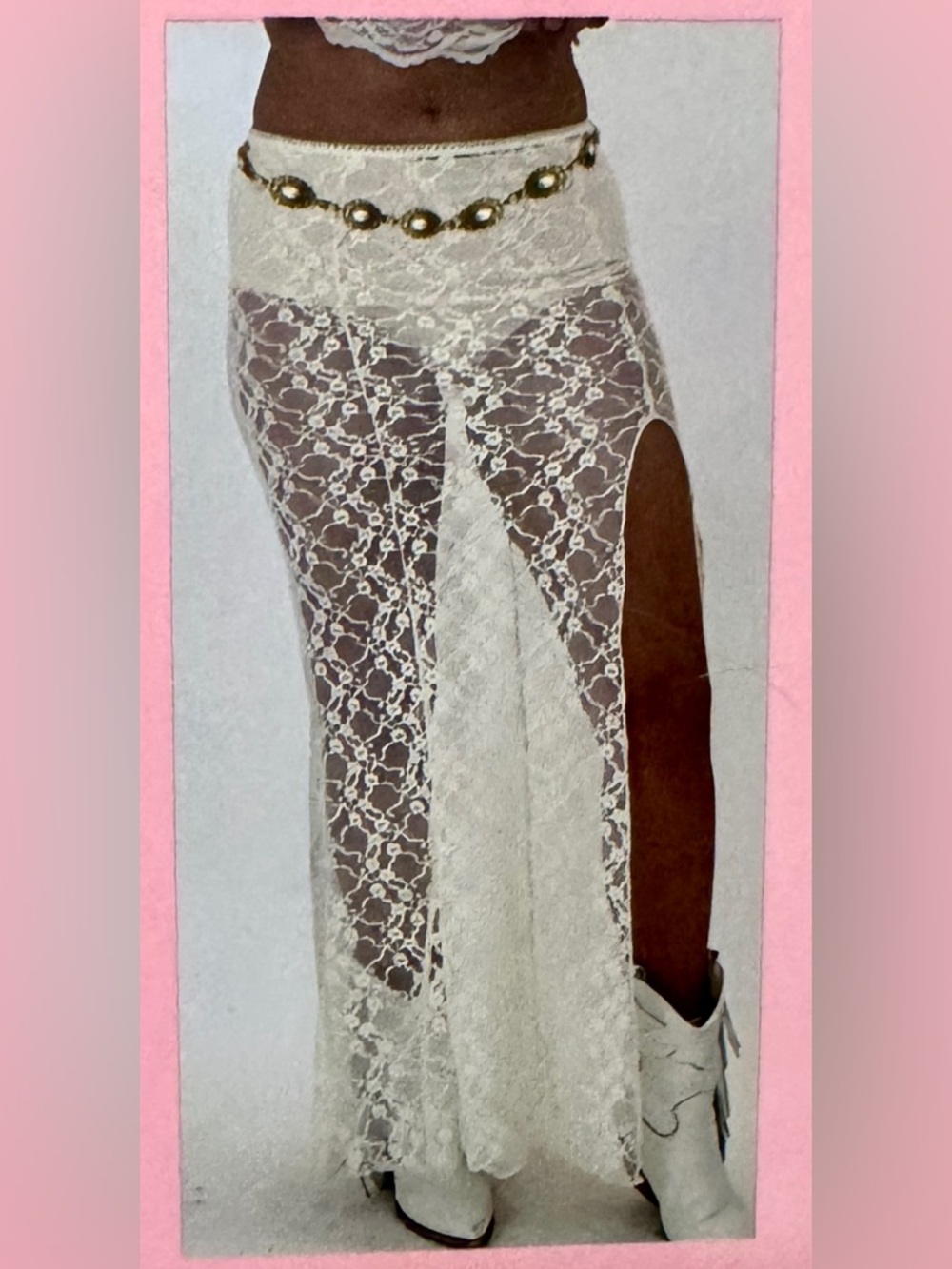 Ivory Lace Maxi Skirt with Side Slit and belt